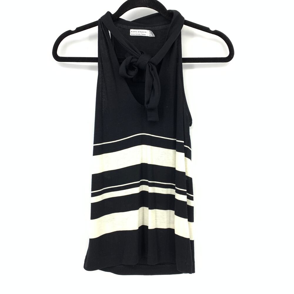 Zara Woman Tie Neck Sweater Tank Womens Sz M Sleeveless Black White Stripe